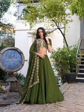 Mehendi Color Plain With Sequins And Thread Embroidery Work Georgette Lehenga Choli